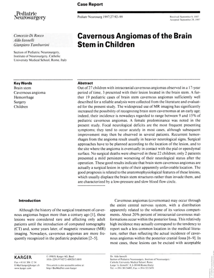 儿童脑干海绵状血管瘤(Cavernous Angiomas of the Brain Stem in Children)