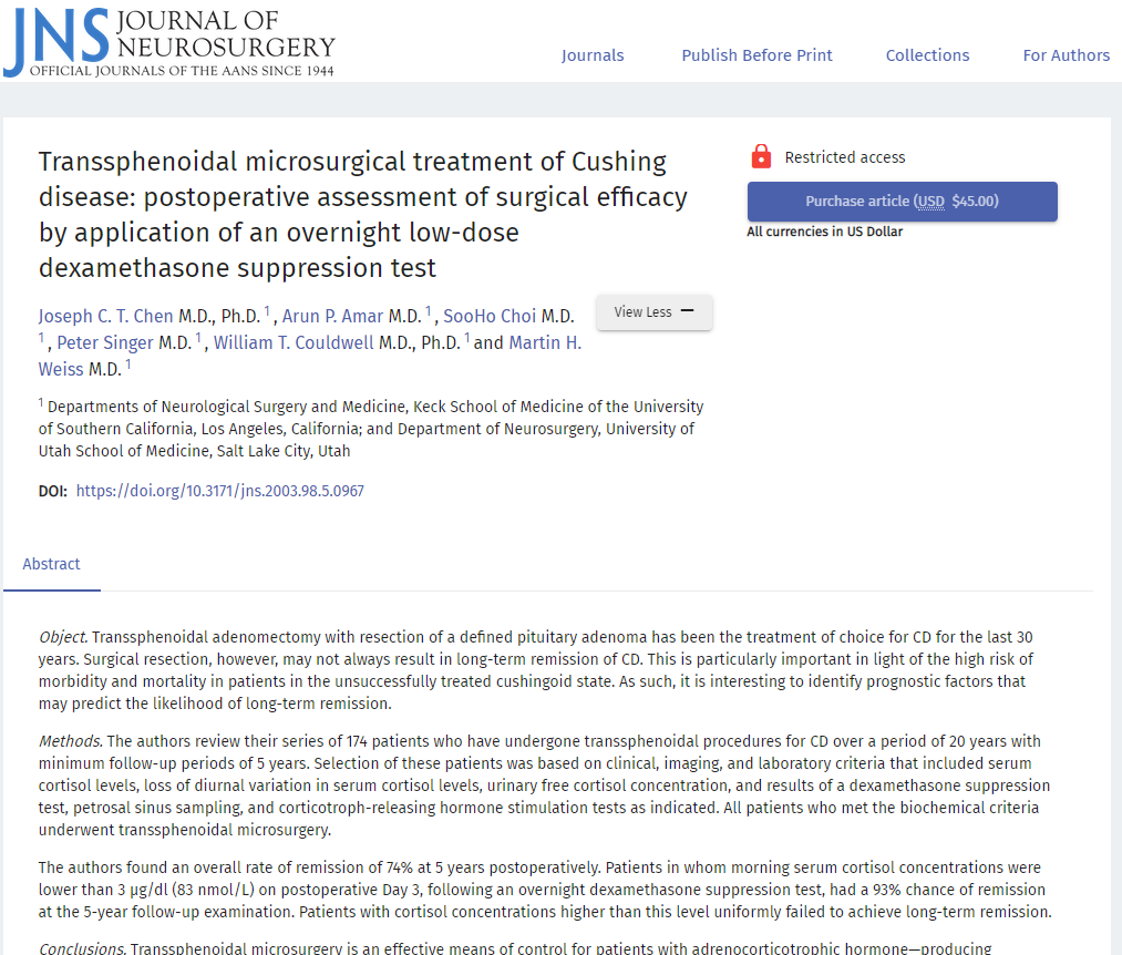 经蝶窦显微外科治疗库欣病:术后应用低剂量地塞米松控制试验评估手术疗效
