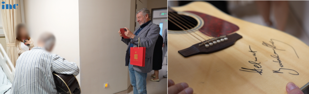 一位桥臂胶质瘤患者成功手术后恢复良好的他弹起了心爱的吉他，并且请巴教授在吉他上签名留念。