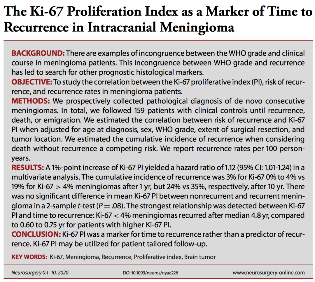 KI67指数和脑膜瘤治疗策略、预后关系解读