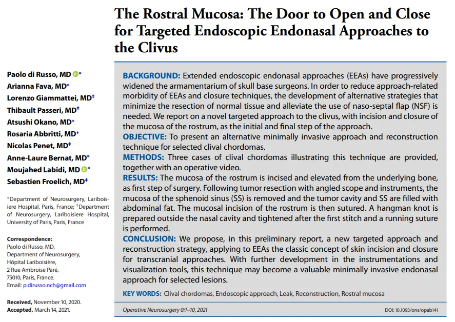 福教授及其团队成员将结果——《The Rostral Mucosa:The Door to Open and Close for Targeted Endoscopic Endonasal Approaches to the Clivus》发表于2021年8月的《Oper Neurosurg（Hagerstown）》杂志。