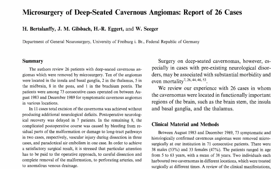 《Microsurgery of Deep-Seated Cavernous Angiomas:Report of 26 Cases》