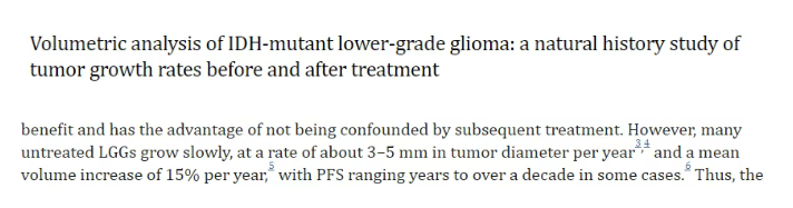研究更是表明，低级别胶质瘤的平均生长速度为3-5毫米/年，每年平均增长15%。