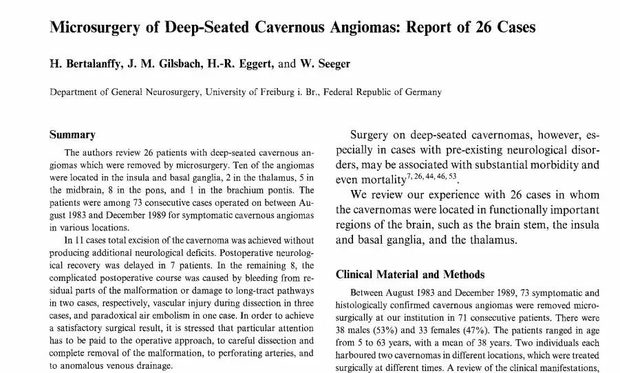 《Microsurgery of Deep-Seated Cavernous Angiomas: Report of 26 Cases》