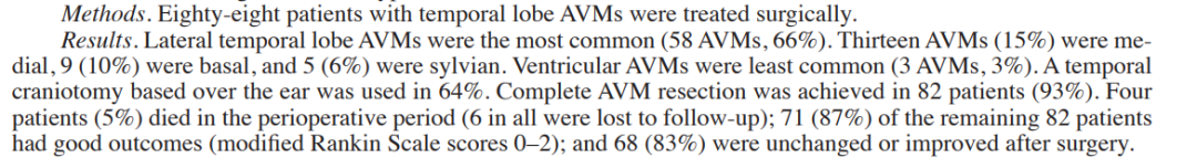 教授和他的团队一共为88名颞叶脑动静脉畸形的患者进行了手术治疗。并且通过总结和研究，得出了相关研究结论，将颞叶AVMs分类为亚型可以帮助手术规划，也可以标准化报告。