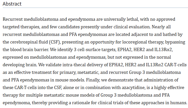 脑脊液输注CAR-T细胞治疗髓母细胞瘤和室管膜瘤