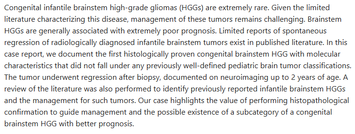 刚出生的婴儿患上脑干高级别<a href='/bingzhong/jiaozhiliu/' target='_blank'><u>胶质瘤</u></a>，命运似乎彻底对他关上了大门，就连父母也差点放弃了他。然而， 令所有人震惊的是，奇迹突然出现：在一次活检后，孩子的肿瘤竟然开始自行消退了！