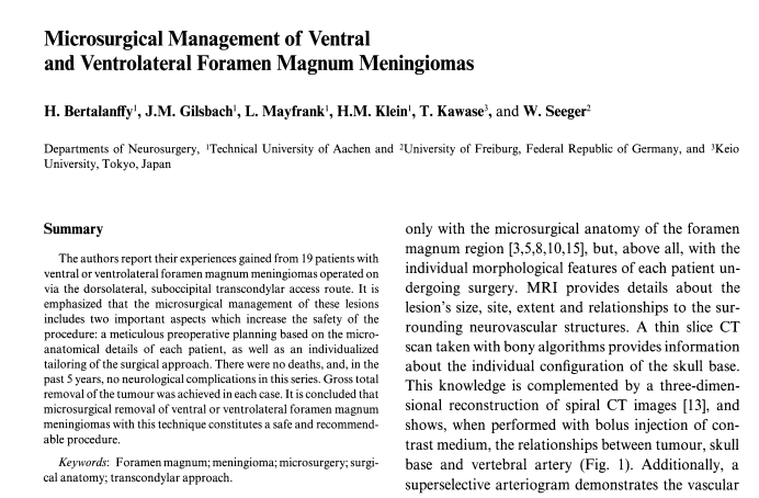 巴教授认为，采用该技术进行腹侧或腹外侧枕骨大孔区脑膜瘤的显微外科切除是一种安全且值得推荐的手术方案。