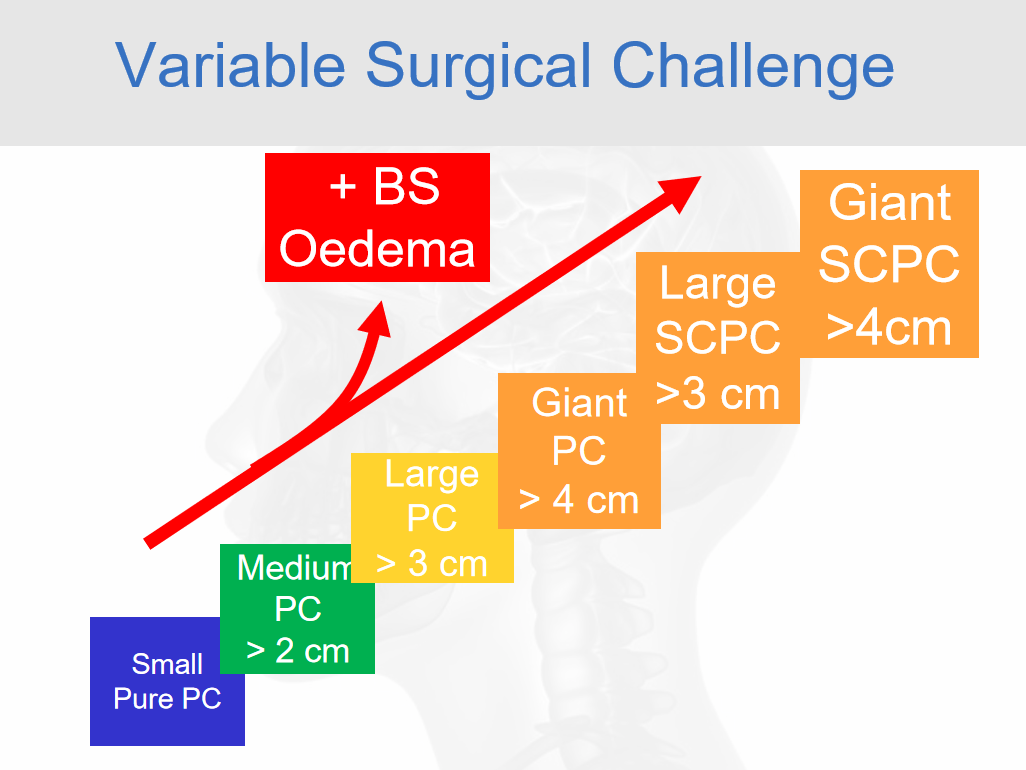 下图可以看到岩斜区脑膜瘤的凶险程度并非线性增长，而是随着肿瘤直径每增加1cm呈现跳跃式升级。