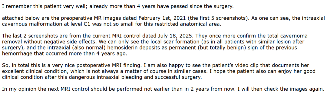 近期巴教授为王女士评估最新复查报告