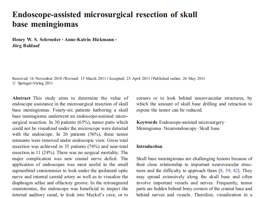 该案例由INC国际神经内镜大咖、世界神经外科学会联合会（WFNS）内镜委员会前主席Henry W.S. Schroeder教授（施罗德教授）2011年发表于《Neurosurg Rev》。