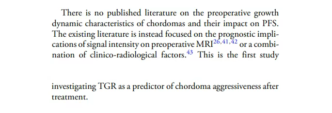 该研究首次将肿瘤生长速率作为脊索瘤治疗后侵袭性预测的术前指标加以验证。