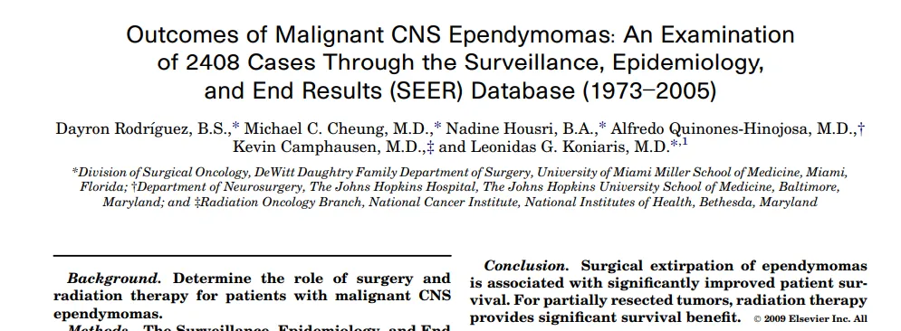 共纳入2408例室管膜瘤；其中WHOⅡ级2132例（88.5%），WHOⅢ级（间变型）276例（11.5%）。结论显示全切除手术可显著改善室管膜瘤患者生存。
