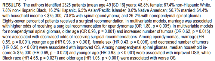 Kaplan-Meier曲线描述了接受与未接受脊柱室管膜瘤手术建议的患者之间的生存率差异(n=1717)。