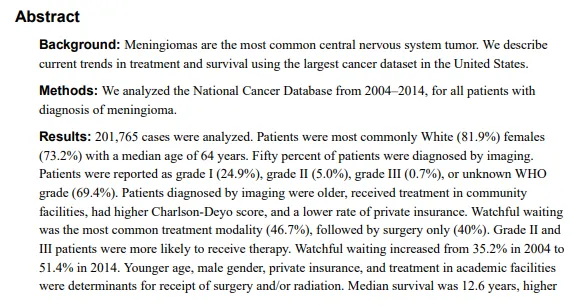 2004-2014年美国国家癌症数据库（National Cancer Database，NCDB）中所有被诊断为脑膜瘤的患者数据