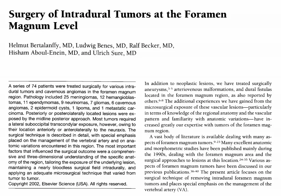 上述案例来自于巴教授等2002年发表的研究《Surgery of Intradural Tumors at the Foramen Magnum Level》。