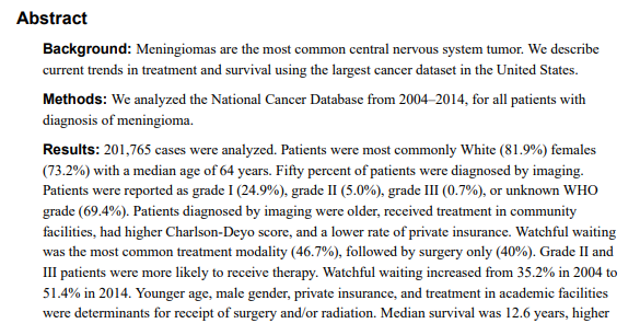 2004-2014年美国国家癌症数据库（National Cancer Database，NCDB）中所有被诊断为脑膜瘤的患者数据