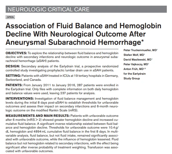 动脉瘤破裂后体液平衡与血红蛋白下降对预后的影响——3个国家19家医院患者研究