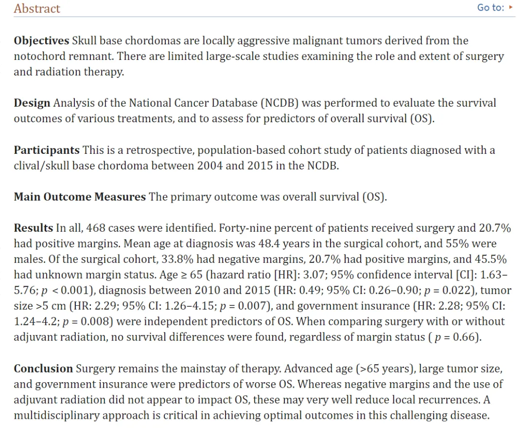 Original Article Impact of Treatment Modalities upon Survival Outcomes in Skull Base and Clival Chordoma:An NCDB Analysis Muhonen et al.