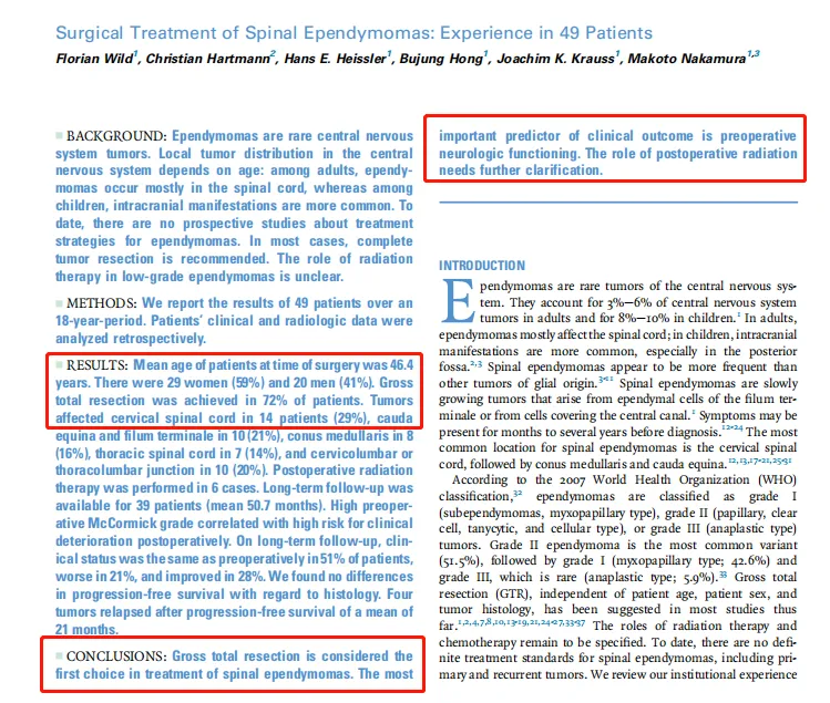 Krauss教授在其研究《Surgical Treatment of Spinal Ependymomas:Experience in 49 Patients》中指出