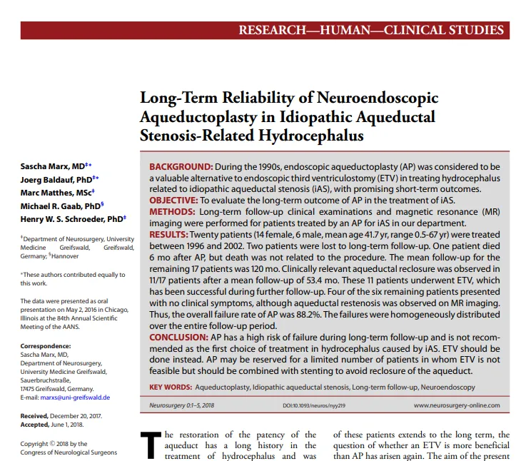 《Long-Term Reliability of Neuroendoscopic Aqueductoplasty in Idiopathic Aqueductal Stenosis-Related Hydrocephalus》
