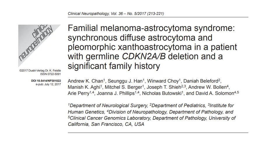 《Familial melanoma-astrocytoma syndrome:synchronous diffuse astrocytoma and pleomorphic xanthoastrocytoma in a patient with germline CDKN2A/B deletion and a significant family history》