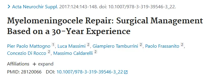 Concezio Di Rocco教授发表研究《Myelomeningocele Repair:Surgical Management Based on a 30-Year Experience》（脊髓脊膜膨出修复术：基于30年外科临床经验）