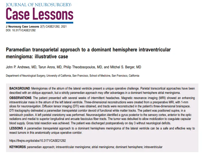 《Paramedian transparietal approach to a dominant hemisphere intraventricular meningioma:illustrative case》