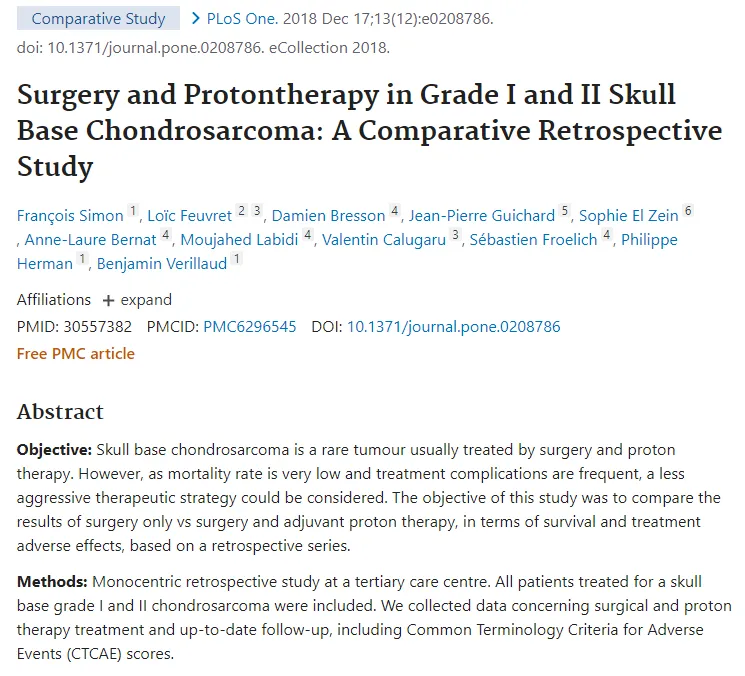 《Surgery and protontherapy in Grade I and II skull base chondrosarcoma:A comparative retrospective study》
