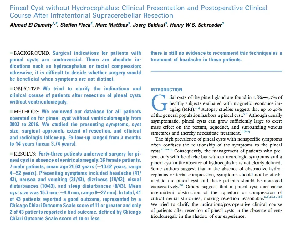 Pineal Cyst without Hydrocephalus:Clinical Presentation and Postoperative Clinical Course After Infratentorial Supracerebellar Resection