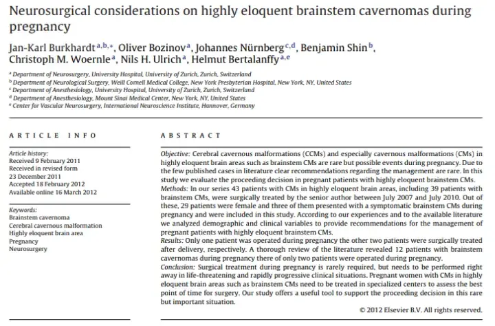 巴特朗菲教授也在其论文《Neurosurgical considerations on highly eloquent brainstem cavernomas during pregnancy》