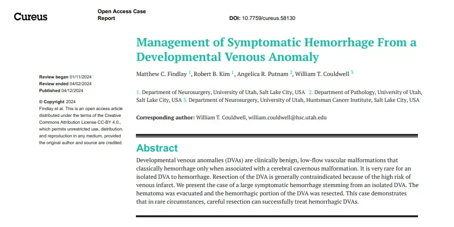 《Management of Symptomatic Hemorrhage From a Developmental Venous Anomaly》